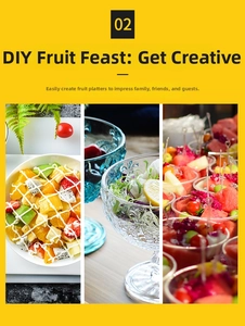 Embossed glass bowl and fruit salad cup set shown in three vertical dining scenes