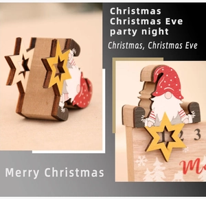 Macro detail of wooden Christmas countdown calendar with gnome and star motifs