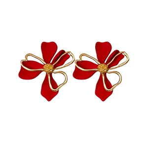 French vintage red and gold flower stud earrings for women with elegant floral design