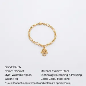 Macro detail of golden stainless steel Hamsa hand bracelet with 200mm chain dimensions