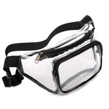 Detail of transparent PVC crossbody bag with black adjustable strap and dual zipper pockets