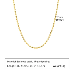 Detail of 2mm IP gold plated titanium steel olive bead necklace with dimensions info