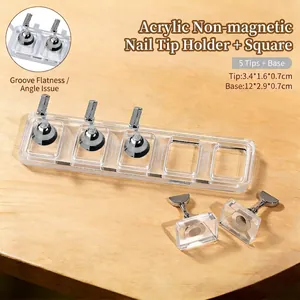 Macro detail of acrylic nail display stand with dimensions and groove design details