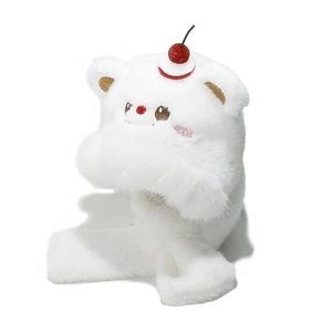 Cute white plush bear hat with cherry decor, winter earflaps and scarf integrated set