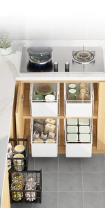 Pull-out kitchen drawer organizers in black and white finish for cabinet storage