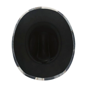 Detailed interior view of vintage checkered felt cowboy hat with smooth black lining