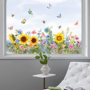 Self-adhesive sunflower and butterfly window stickers in watercolor style for home decor