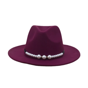 Elegant wine red wool fedora hat with luxury gradient pearl band and rhinestone accents