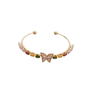 Bracciale rigido dorato a farfalla con zirconi colorati taglio a goccia regolabile