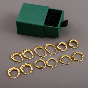 Set of 7 pairs 18K gold plated croissant and twisted hoop earrings with green gift box