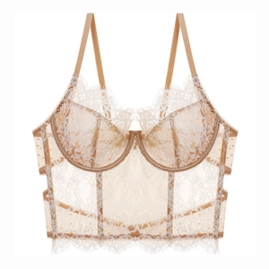 Weißes Blumen-Spitzenbustier mit Bügel-Cups und Wimpernspitze auf weißem Hintergrund