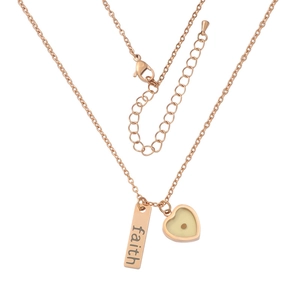 Rose gold necklace with faith bar and heart charm close-up showing clasp and extender