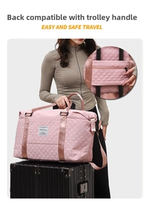 Pink quilted travel bag featuring a functional trolley sleeve for luggage attachment