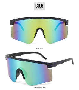 Front and 45-degree angle views of black and purple cycling glasses with colorful lenses