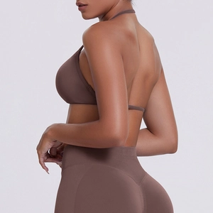Seamless backless dark brown sports bra and high-waisted yoga leggings set