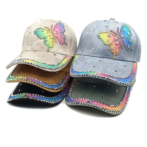 Women Butterfly Rhinestone Baseball Cap Faux Suede Studded Sun Hat Adjustable Fashion Curved Brim