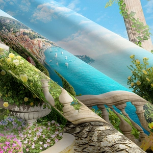 Detailed fabric texture of a Mediterranean landscape tapestry with ocean view and columns