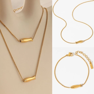 Stainless Steel Fish Pendant Necklace And Bracelet Jewelry With Cubic Zirconia Eyes PVD Gold Plated Elegant Accessories For Women