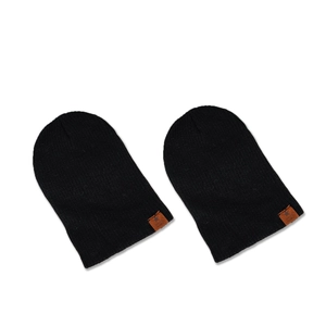 Two-piece set of black ribbed knit beanies with a trendy Super Star faux leather patch