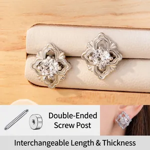 Retro Carved Flower Cartilage Stud Earrings With Round Zircon Inlay Titanium Steel Threaded Post Copper Jewelry
