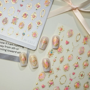 French vintage embossed nail stickers M-1211 with golden gemstone frame design