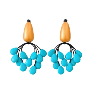 Bohemian vintage tassel earrings with wood finish, orange studs, and turquoise stone beads