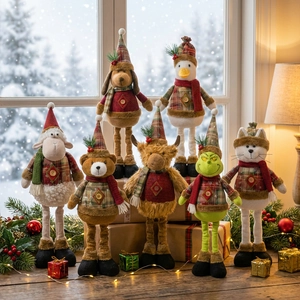 Plush Christmas dolls featuring Reindeer and Grinch styles with festive plaid knitting