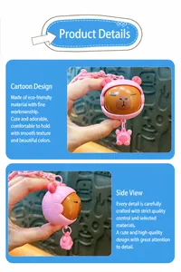 Detailed view of a cute cartoon pink capybara keychain with a rotating face feature.