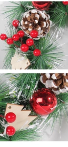 Macro detail of artificial pine needles with snow-dusted pine cones and red berries