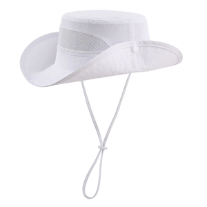 Detail showing white sun hat mesh side vents, snap buttons and adjustable chin strap