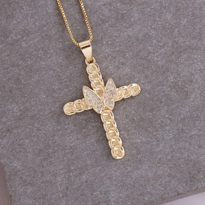 18K gold plated cross pendant necklace with zircon butterfly and chain texture