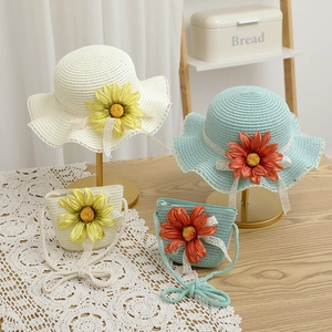 Set cappello di paglia e borsa per bambini con girasoli e pizzo per la protezione solare