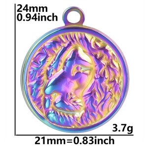 Macro view of rainbow plated stainless steel lion head pendant with size measurements