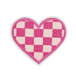 Pink and white checkered heart embroidery patch with white stitched edges on a white background