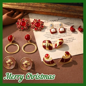 Vintage Red Enamel Stud Earrings With 925 Sterling Silver Earring Post Retro Alloy Geometric Flower Jewelry For Women