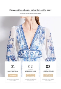 Détail de robe à col V montrant le tissu doux respirant et l'imprimé fleuri bleu