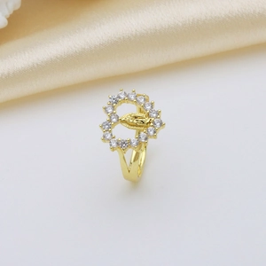 Two-tone heart ring with gold Virgin Mary icon and clear zircon stones on silk