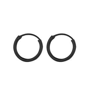 Detailed macro view of minimalist black circular hoop earrings in sleek metal finish