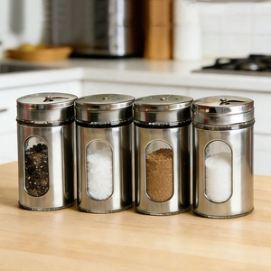 Set of stainless steel seasoning jars with glass window and rotating shaker lids