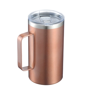 Close-up of a 24oz rose gold insulated tumbler with handle and leak-proof lid