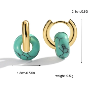 Vintage gold hoop earrings with synthetic turquoise stone and detailed size measurements