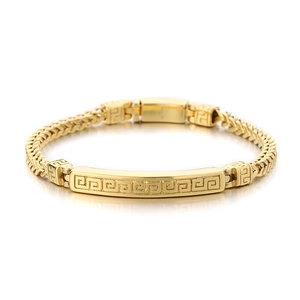 Golden stainless steel bracelet with Greek key pattern and dragon bone weave chain