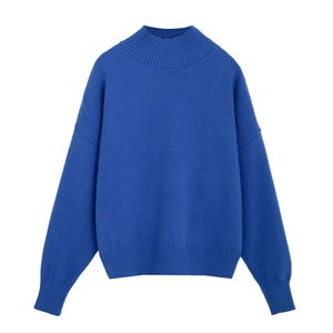 Classic royal blue crewneck knit sweater with long sleeves and ribbed cuffs on white background