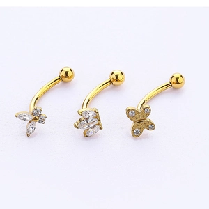 Titanium butterfly and clover eyebrow rings set with white zircon stones in gold finish