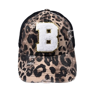 Vintage leopard print baseball cap with white velvet letter B and distressed brim detail