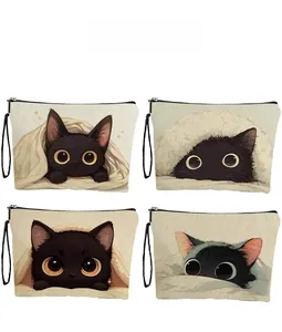 Set of four makeup bags with cute black cat illustrations and convenient hand straps