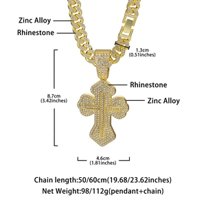 Detailed size specifications for gold iced-out cross pendant and cuban link necklace