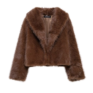 Short brown faux fur coat for women featuring a large lapel and street fashion style