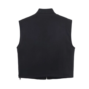 Back view of minimalist black sleeveless vest with stand collar and zipper detail