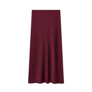 Elegant wine red satin midi skirt with glossy finish and A-line silhouette for women